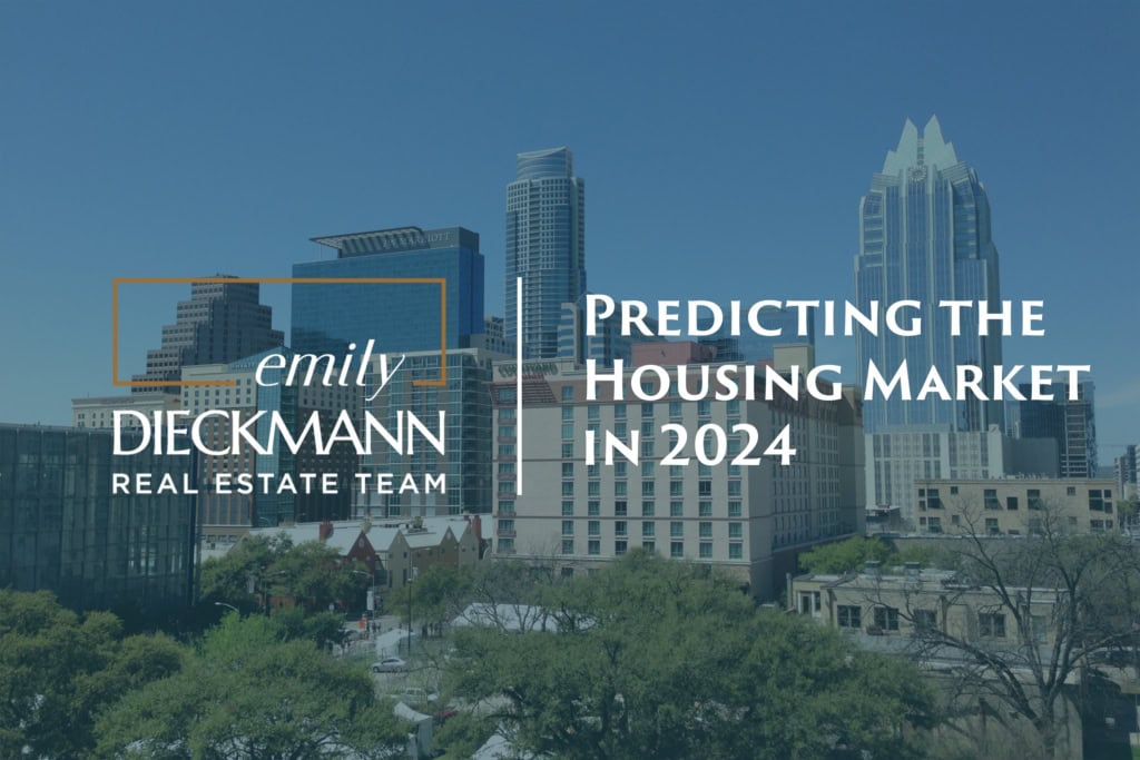 Modern downtown skyline with office and residential buildings, promoting Emily Dieckmann real estate services.