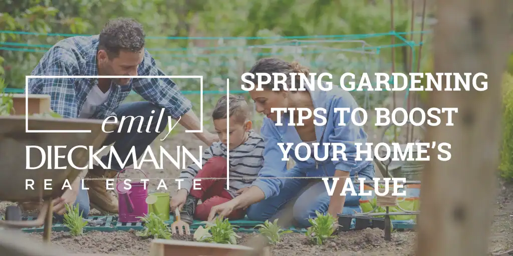 Bright family enjoying spring gardening activities in a lush backyard, emphasizing expert real estate tips to boost your home's value.