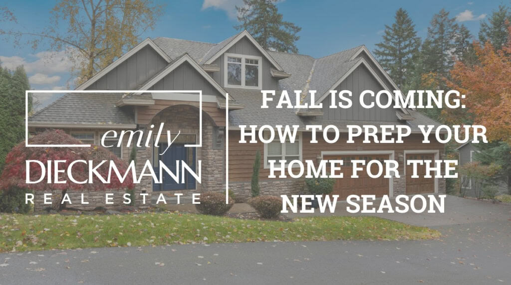 Beautiful suburban house with fall foliage, modern architecture, and landscaped yard, promoting Emily Dieckmann Real Estate services for prepping homes for the new season.