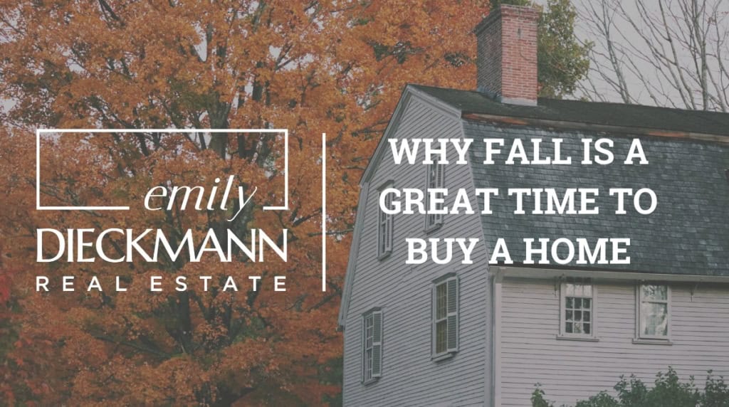 Autumn-themed home with fall foliage background, promoting Emily Dieckmann Real Estate services for buying a home.